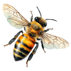 Detailed illustration of a honeybee in flight.  Honeybee with intricate wing structure and banded body;  vibrant colors;  realistic depiction
