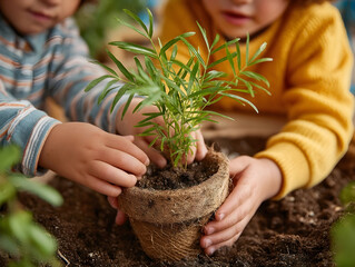 Children planting young sapling in burlap container, nurturing green growth and showing environmental commitment with careful hands and shared gardening moment
