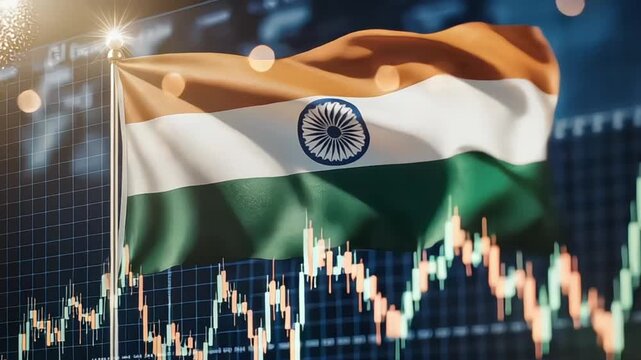 Indian flag waving over a financial stock market chart symbolizing economy