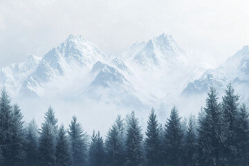 Serene Winter Landscape with Snow-Capped Mountains and Evergreen Trees