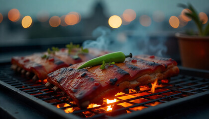 Grilled Meat and Vegetables on a Barbecue Grill
