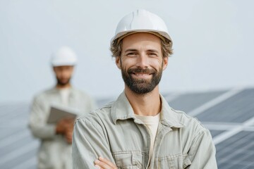 Professional Renewable Energy Worker Smiling with Hard Hat Modern Clean Tech Workforce for Authentic Corporate Marketing and Social Media Campaigns