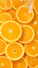 Close-up of vibrant orange slices, drenched in water