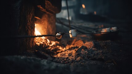 Marshmallows roasting over a campfire.