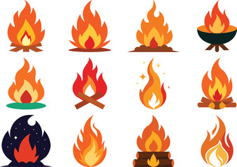 A diverse collection of stylized illustrations depicting various types of fire and flames
