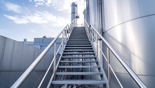Industrial staircase leading to a tall metal structure under a partly cloudy sky - Powered by Adobe