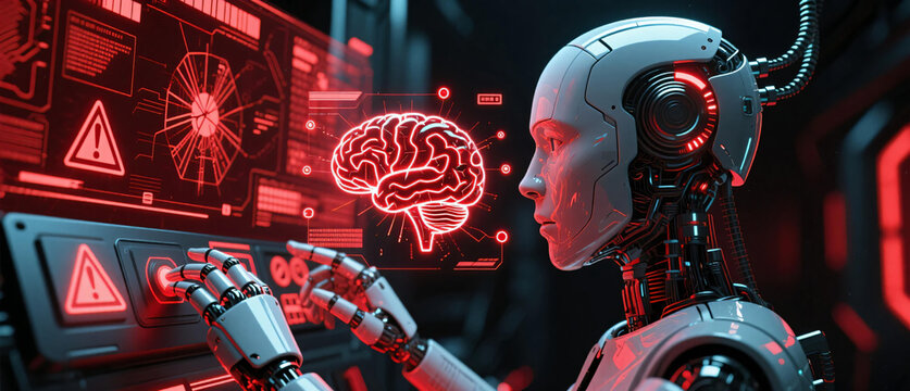 Red alert AI brain interface background illustration with robotic system failure and neural disruption