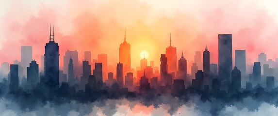 Fototapeta premium watercolor painting of a city skyline at dusk, ideal for backgrounds, posters, or creative digital designs.
