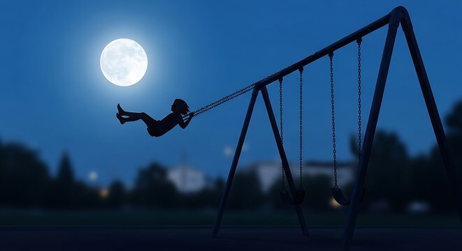 A silhouette of a child on a swing set at night, under a full moon. - Powered by Adobe