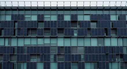 Obraz premium Modern building facade with integrated solar panels Teal glass windows and dark blue photovoltaic cells