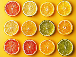 Obraz premium Colorful Citrus Fruit Slices Arranged on Bright Yellow Background