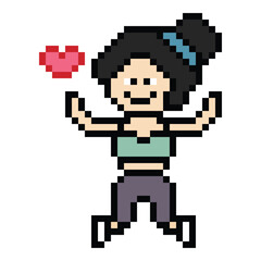 Fototapeta premium Cartoon pixel character cute woman exercises training dance lifestyle music decoration life style 8 bit female girl dance with music game 8bit fitness isolated PNG vector.