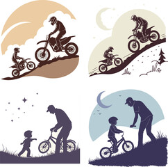 Obraz premium A father and son share a moment with a dirt bike, depicted in warm, stylized silhouettes