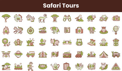 A vibrant collection of safari-themed icons featuring animals, nature, and adventure elements, ideal for travel enthusiasts and wildlife lovers.