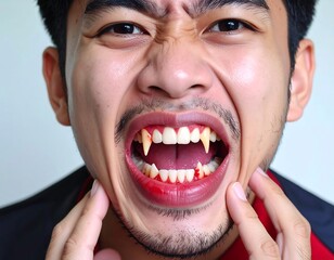 Close-up of a man's face, mouth agape, revealing fake fangs and red accents suggesting a vampire costume