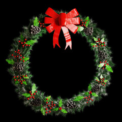 Christmas pine fluffy wreath with red bow isolated on black background. 3D rendering image.
