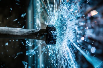 Hammer Impact Shattering Computer Screen with Flying Glass and Pixels in Dark Room