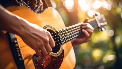 Fototapeta premium Close-up of hands playing an acoustic guitar outdoors in sunlight