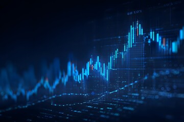 Naklejka premium Abstract blue hologram of financial graphs and charts, glowing with data points on a dark background. The concept symbolizes the power to convey information in digital form