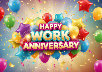 A vibrant happy work anniversary celebration with balloons and celebratory text.