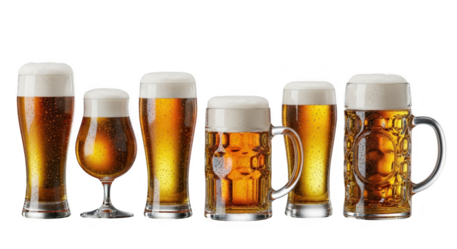 Variety of beer glasses and mugs with foam isolated on transparent background