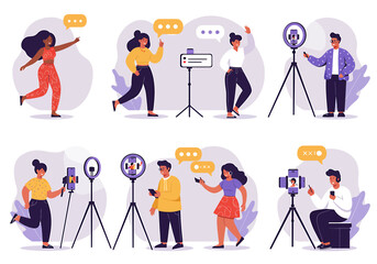 Flat Illustration of Content Creators Recording Tutorials and Reviews with Ring Light Setup