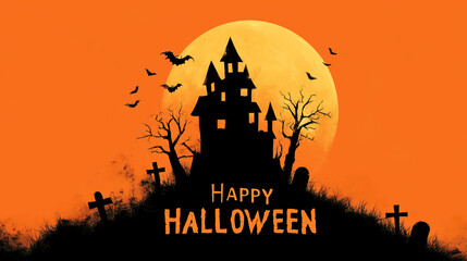 Naklejka premium Spooky Halloween Night with Haunted House and Full Moon Glow Against Orange Sky Background