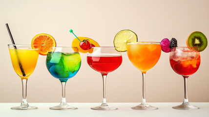 Colorful Array of Refreshing Cocktails with Fruit Garnishes