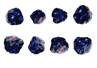 A blue and magenta colored glowing asteroid as isolated vector objects from 8 different angles created by 3D modeling.