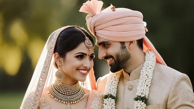 Smiling Indian bride and groom in traditional wedding attire looking at each other lovingly