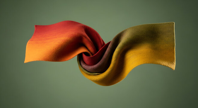 Abstract twisted fabric with warm to earthy gradient colors, flowing textile art with rich texture on a green background