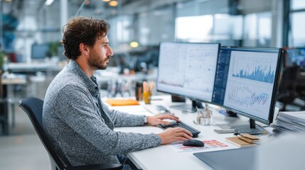 Focused actuary using statistical software to review mortality and hazard rate data optimizing actuarial models for insurance underwriting in a bright workspace environment.