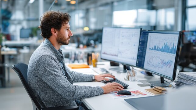 Focused actuary using statistical software to review mortality and hazard rate data optimizing actuarial models for insurance underwriting in a bright workspace environment.