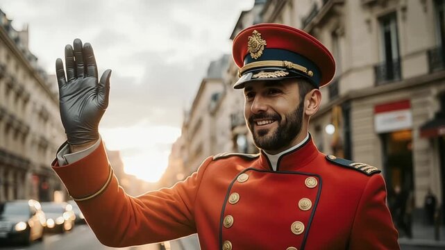 Smiling hotel concierge in uniform waves hello on a sunny city street