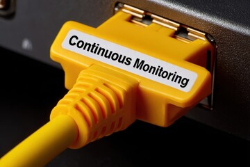 Zero Trust Concepts. Yellow network cable labeled for continuous monitoring connected to a device.