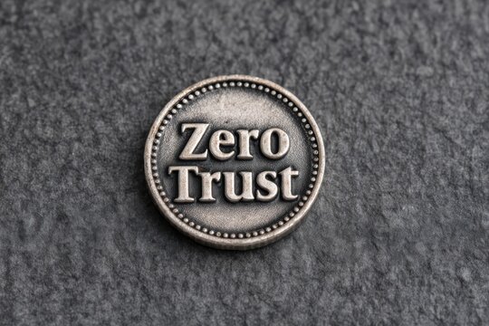 Metal coin with "Zero Trust" engraved on a textured surface.