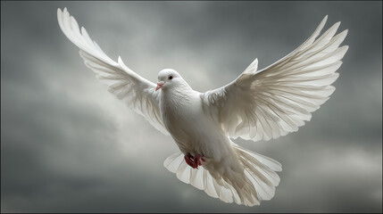 Fototapeta premium White dove in flight wings open against cloudy sky