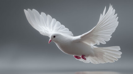 White dove with wings spread in flight against gray background