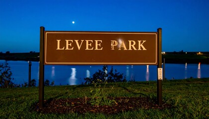Levee Park sign illuminated against the night sky and water reflection landscape