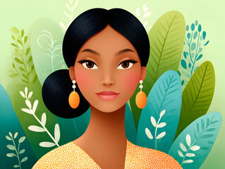 Beautiful dark-haired woman wearing orange earrings, posing amid verdant tropical greenery, highlighting natural beauty and exotic botanical surroundings