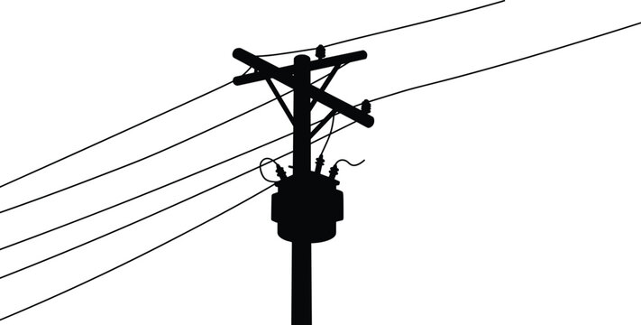 Silhouette of utility electric pole, vector power lines illustration, black transformer on pole, high voltage transmission infrastructure graphic design