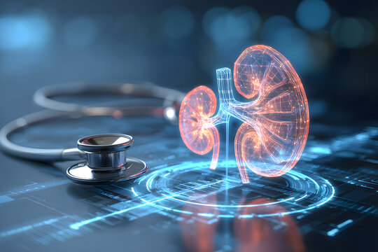 AI generated realistic hologram of kidney ureter and bladder with DNA data interface medical analysis and stethoscope on digital health background