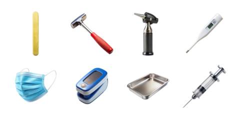 A collection of essential medical and healthrelated items, including a thermometer, syringe, face mask, pulse oximeter, and dental tools, isolated on a transparent background