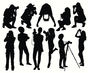 Photographer Woman holding camera silhouette vector. Professional Female photographer taking picture. Young Blogger Woman Camera Tripod Photo journalist vector. Teenage Girl poses with Camera.