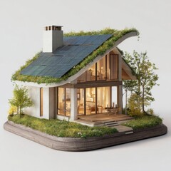 an eco friendly house model, showcasing sustainable architecture. this modern home features a flat roof covered with lush greenery, integrating nature into the living space
