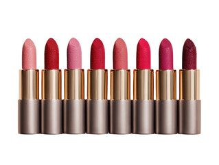 Row of lipstick tubes in various shades of red and pink