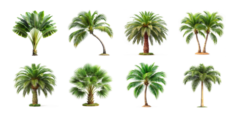 A diverse collection of eight palm trees, showcasing various types and sizes, isolated on a transparent background