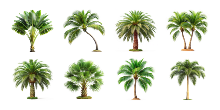 A diverse collection of eight palm trees, showcasing various types and sizes, isolated on a transparent background