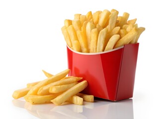 Crispy golden french fries in a red carton with some scattered on white background