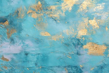 Abstract Blue and Gold Painting with Lighter Sky-Blue Background, gold brush strokes, golden foil on light blue background, abstract